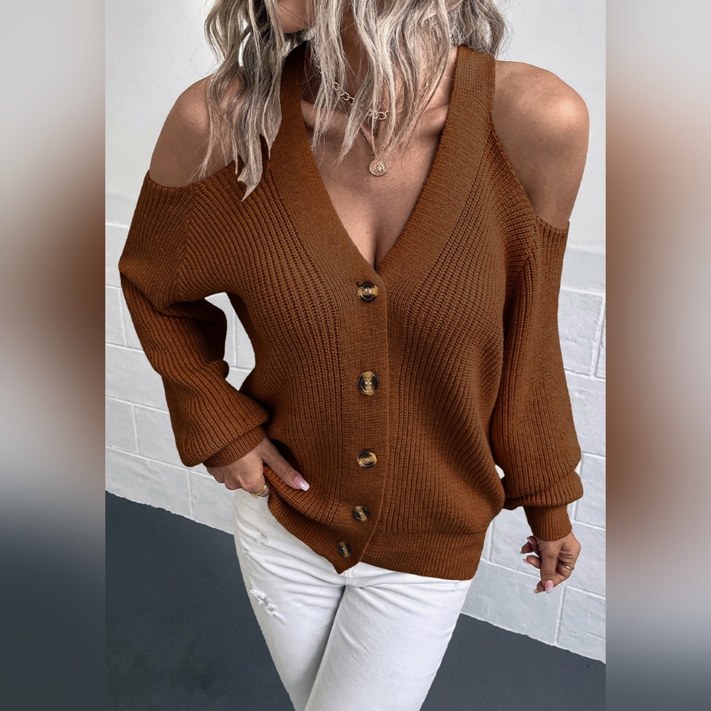 Cold Shoulder Plunge Neck Ribbed Cardigan